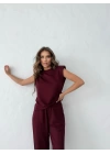 OMUZ VATKALI BLUZ VE PANTOLONLU MODAL KUMAŞ İKİLİ TAKIM BORDO