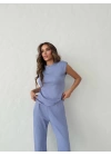 OMUZ VATKALI BLUZ VE PANTOLONLU MODAL KUMAŞ İKİLİ TAKIM LİLA