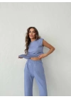 OMUZ VATKALI BLUZ VE PANTOLONLU MODAL KUMAŞ İKİLİ TAKIM LİLA