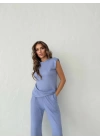 OMUZ VATKALI BLUZ VE PANTOLONLU MODAL KUMAŞ İKİLİ TAKIM LİLA
