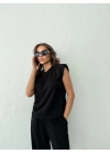 OMUZ VATKALI BLUZ VE PANTOLONLU MODAL KUMAŞ İKİLİ TAKIM SİYAH