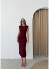 OMUZ VATKALI TAŞLI UZUN KALEM ELBİSE BORDO