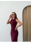 OMUZ VATKALI TAŞLI UZUN KALEM ELBİSE BORDO