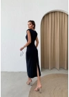 OMUZ VATKALI TAŞLI UZUN KALEM ELBİSE LACİVERT