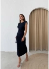 OMUZ VATKALI TAŞLI UZUN KALEM ELBİSE LACİVERT