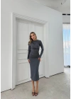 OMUZ VE BEL DRAPELİ UZUN SANDY ELBİSE GRİ