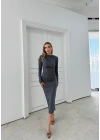 OMUZ VE BEL DRAPELİ UZUN SANDY ELBİSE GRİ