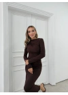 OMUZ VE BEL DRAPELİ UZUN SANDY ELBİSE KAHVE