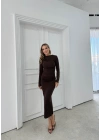 OMUZ VE BEL DRAPELİ UZUN SANDY ELBİSE KAHVE
