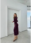 OMUZ VE BEL DRAPELİ UZUN SANDY ELBİSE MÜRDÜM