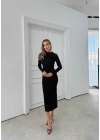OMUZ VE BEL DRAPELİ UZUN SANDY ELBİSE SİYAH