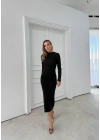 OMUZ VE BEL DRAPELİ UZUN SANDY ELBİSE SİYAH