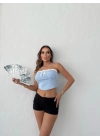 ÖN BAĞLAMALI STRAPLEZ CROP MAVİ