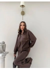 PARAŞÜT DETAY KAPÜŞONLU HIRKA VE PANTOLONLU MODAL İKİLİ TAKIM KAHVE