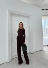 PARMAK GEÇME DETAY TERS DİKİŞ BLUZ VE PANTOLONLU GOFRE İKİLİ TAKIM MÜRDÜM