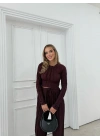 PARMAK GEÇME DETAY TERS DİKİŞ BLUZ VE PANTOLONLU GOFRE İKİLİ TAKIM MÜRDÜM