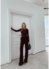 PARMAK GEÇME DETAY TERS DİKİŞ BLUZ VE PANTOLONLU GOFRE İKİLİ TAKIM MÜRDÜM