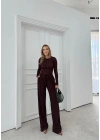 PARMAK GEÇME DETAY TERS DİKİŞ BLUZ VE PANTOLONLU GOFRE İKİLİ TAKIM MÜRDÜM