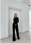 PARMAK GEÇME DETAY TERS DİKİŞ BLUZ VE PANTOLONLU GOFRE İKİLİ TAKIM SİYAH