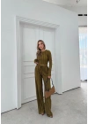 PARMAK GEÇME DETAY TERS DİKİŞ BLUZ VE PANTOLONLU GOFRE İKİLİ TAKIM YEŞİL