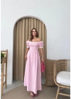 PONPONLU GİPELİ KETEN UZUN ELBİSE PEMBE