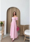 PONPONLU GİPELİ KETEN UZUN ELBİSE PEMBE
