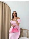 PONPONLU GİPELİ KETEN UZUN ELBİSE PEMBE
