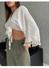PONPONLU KOL DETAY ÖN BAĞLAMALI KETEN BLUZ