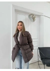 ŞAL YAKA BEL KUŞAKLI ÇİFT CEP ŞİŞME MONT KAHVE