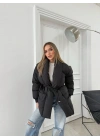 ŞAL YAKA BEL KUŞAKLI ÇİFT CEP ŞİŞME MONT SİYAH