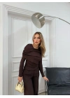 ŞAL YAKA BLUZ VE PANTOLONLU SELANİK KUMAŞ İKİLİ TAKIM KAHVE