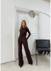 ŞAL YAKA BLUZ VE PANTOLONLU SELANİK KUMAŞ İKİLİ TAKIM KAHVE