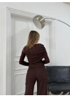 ŞAL YAKA BLUZ VE PANTOLONLU SELANİK KUMAŞ İKİLİ TAKIM KAHVE