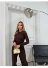 ŞAL YAKA BLUZ VE PANTOLONLU SELANİK KUMAŞ İKİLİ TAKIM KAHVE