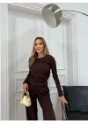 ŞAL YAKA BLUZ VE PANTOLONLU SELANİK KUMAŞ İKİLİ TAKIM KAHVE