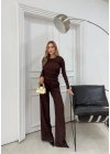 ŞAL YAKA BLUZ VE PANTOLONLU SELANİK KUMAŞ İKİLİ TAKIM KAHVE