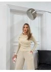 ŞAL YAKA BLUZ VE PANTOLONLU SELANİK KUMAŞ İKİLİ TAKIM KREM