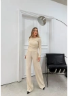 ŞAL YAKA BLUZ VE PANTOLONLU SELANİK KUMAŞ İKİLİ TAKIM KREM