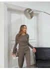 ŞAL YAKA BLUZ VE PANTOLONLU SELANİK KUMAŞ İKİLİ TAKIM VİZON