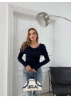 ŞAL YAKA ÖN BURGULU SELANİK KUMAŞ BLUZ LACİVERT