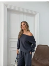 SALAŞ DÜŞÜK OMUZ BLUZ VE PANTOLONLU MODAL İKİLİ TAKIM ANTRASİT FRG-6011