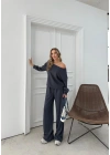 SALAŞ DÜŞÜK OMUZ BLUZ VE PANTOLONLU MODAL İKİLİ TAKIM ANTRASİT FRG-6011