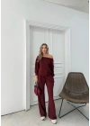 SALAŞ DÜŞÜK OMUZ BLUZ VE PANTOLONLU MODAL İKİLİ TAKIM BORDO FRG-6011