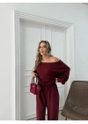 SALAŞ DÜŞÜK OMUZ BLUZ VE PANTOLONLU MODAL İKİLİ TAKIM BORDO FRG-6011