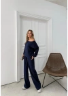 SALAŞ DÜŞÜK OMUZ BLUZ VE PANTOLONLU MODAL İKİLİ TAKIM LACİVERT FRG-6011