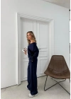 SALAŞ DÜŞÜK OMUZ BLUZ VE PANTOLONLU MODAL İKİLİ TAKIM LACİVERT FRG-6011
