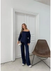 SALAŞ DÜŞÜK OMUZ BLUZ VE PANTOLONLU MODAL İKİLİ TAKIM LACİVERT FRG-6011