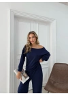 SALAŞ DÜŞÜK OMUZ BLUZ VE PANTOLONLU MODAL İKİLİ TAKIM LACİVERT FRG-6011