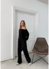 SALAŞ DÜŞÜK OMUZ BLUZ VE PANTOLONLU MODAL İKİLİ TAKIM SİYAH FRG-6011