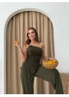 SANDY TEK OMUZ AKSESUAR DETAY BLUZ VE PANTOLONLU İKİLİ TAKIM HAKİ